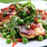 Grilled Halloumi with Broad Bean, Pea and Rocket Salad