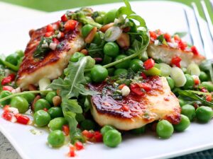 Grilled Halloumi with Broad Bean, Pea and Rocket Salad